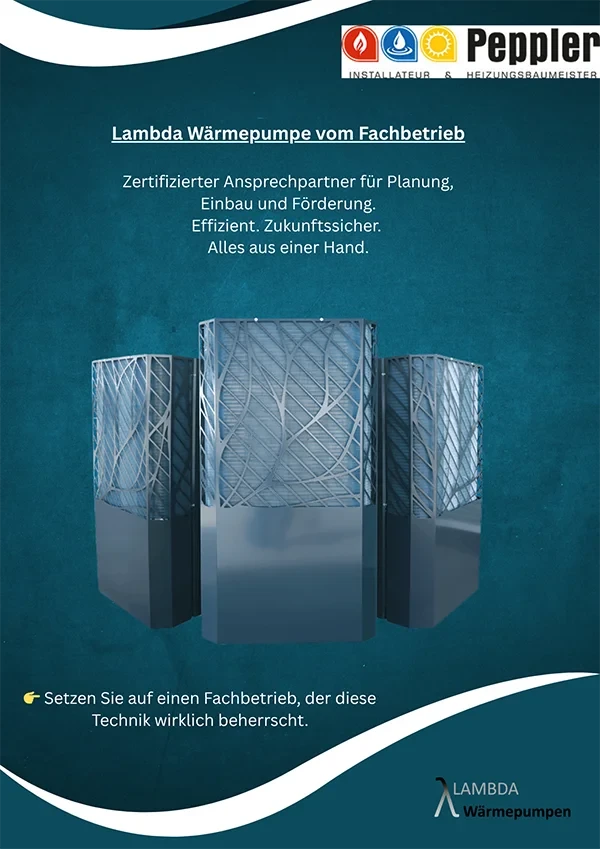 Blue and orange moderner Flyer für Sanitärdienstleistungen mit Fokus auf Lambda Wärmepumpe vom Fachbetrieb