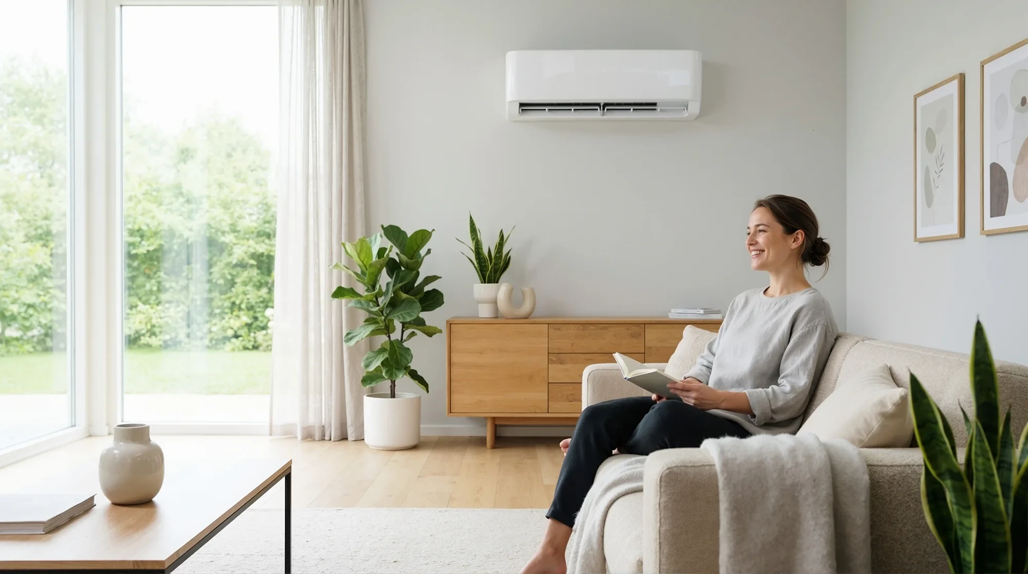 Headerbild Startseite: Frau entspannt im modernen Wohnzimmer mit Klimaanlage