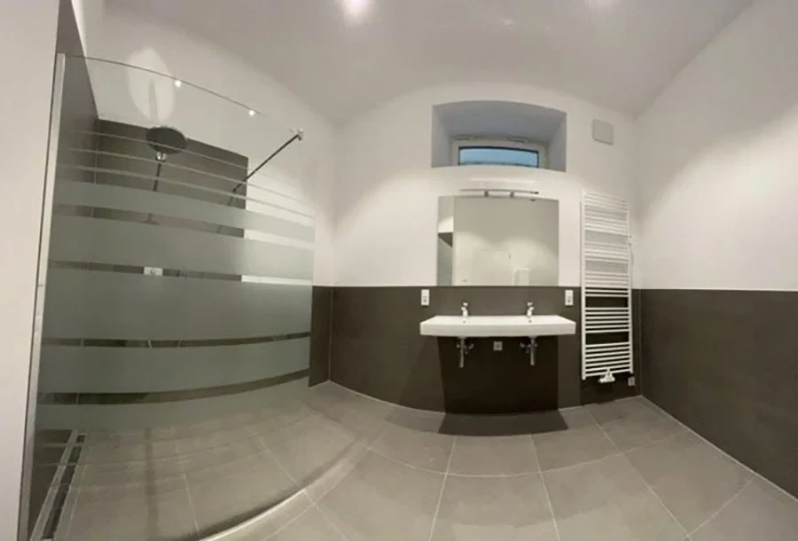 Modernes Badezimmer nach einer Badsanierung mit Doppelwaschbecken und Glasdusche