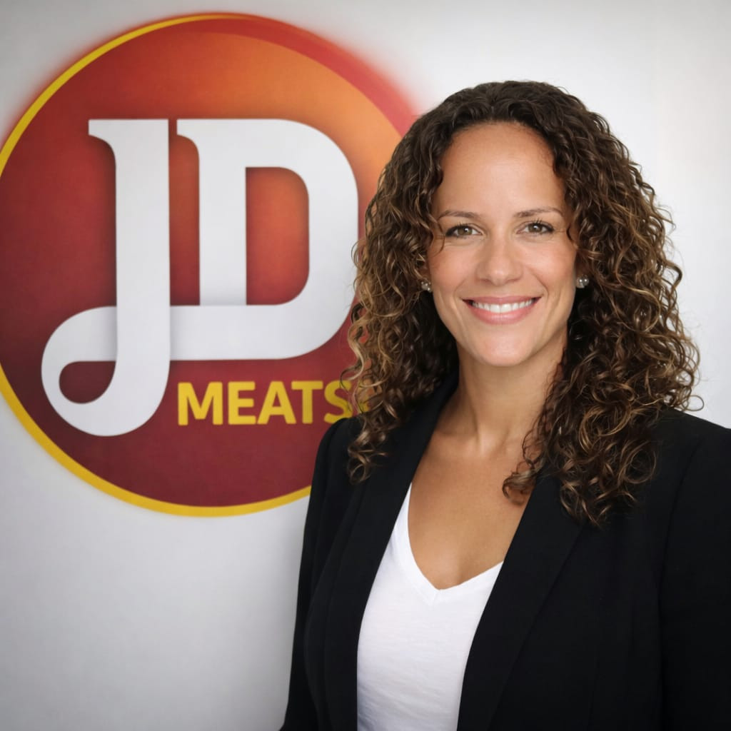 Patricia Neuhaus vor JD Meats Logo am 20.03.2026