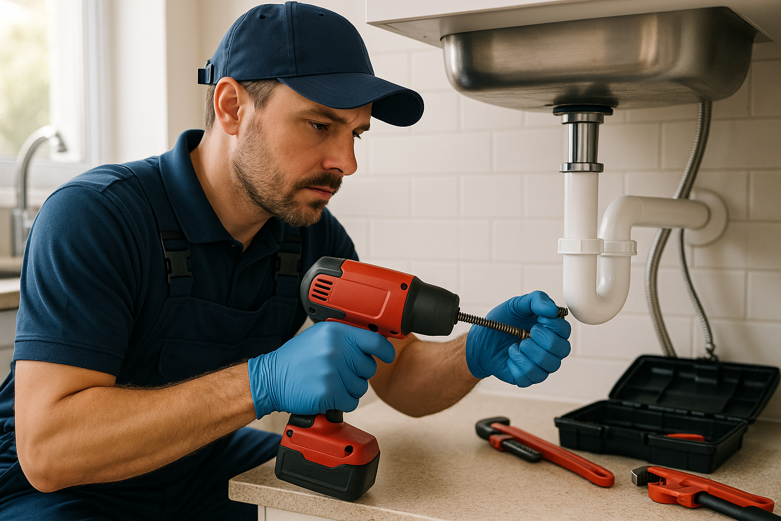 Handwerker repariert Abfluss unter Spüle mit Elektroschlange in moderner Küche