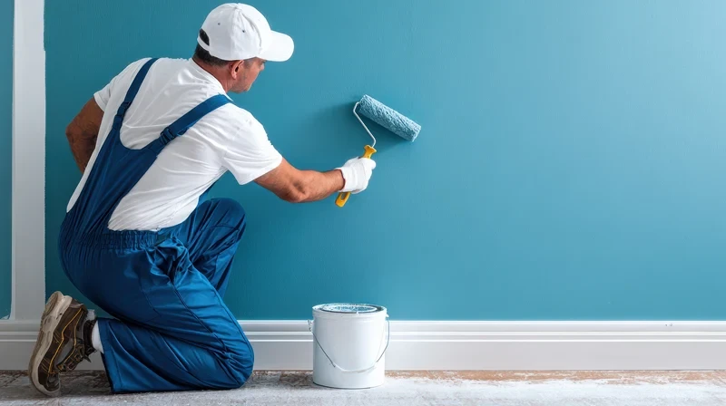 Maler bei Malerarbeiten streicht blaue Wand mit Farbrolle