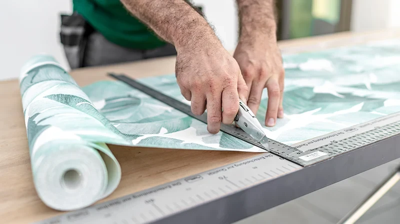 Nahaufnahme vom Zuschneiden einer Tapete beim Tapezieren