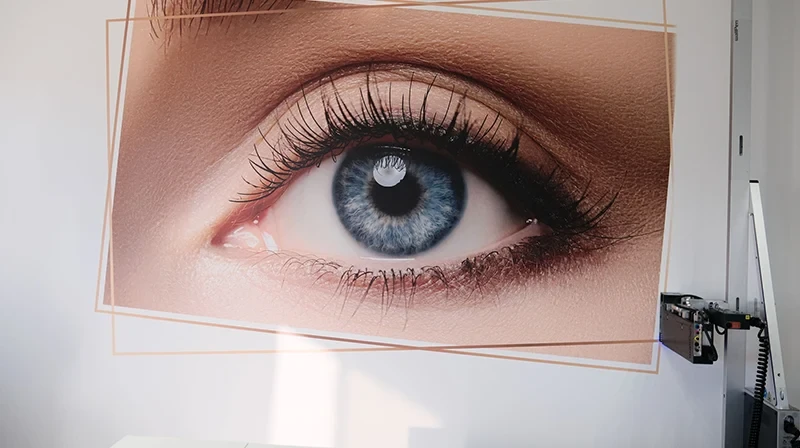 Detailaufnahme eines blauen Auges als Wanddruck – Teaserbild für Wanddrucke