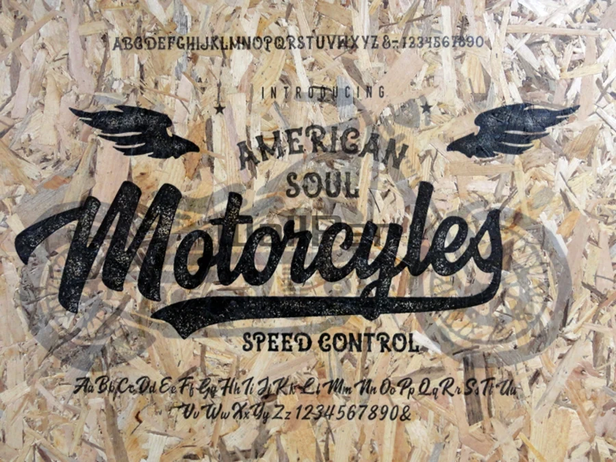 Wanddruck mit Schriftzug 'American Soul Motorcycles Speed Control' auf Holzplatte, erstellt mit Wanddrucker