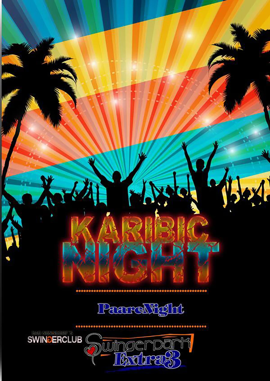 Karibische Nacht Party mit tanzenden Menschen und Palmen