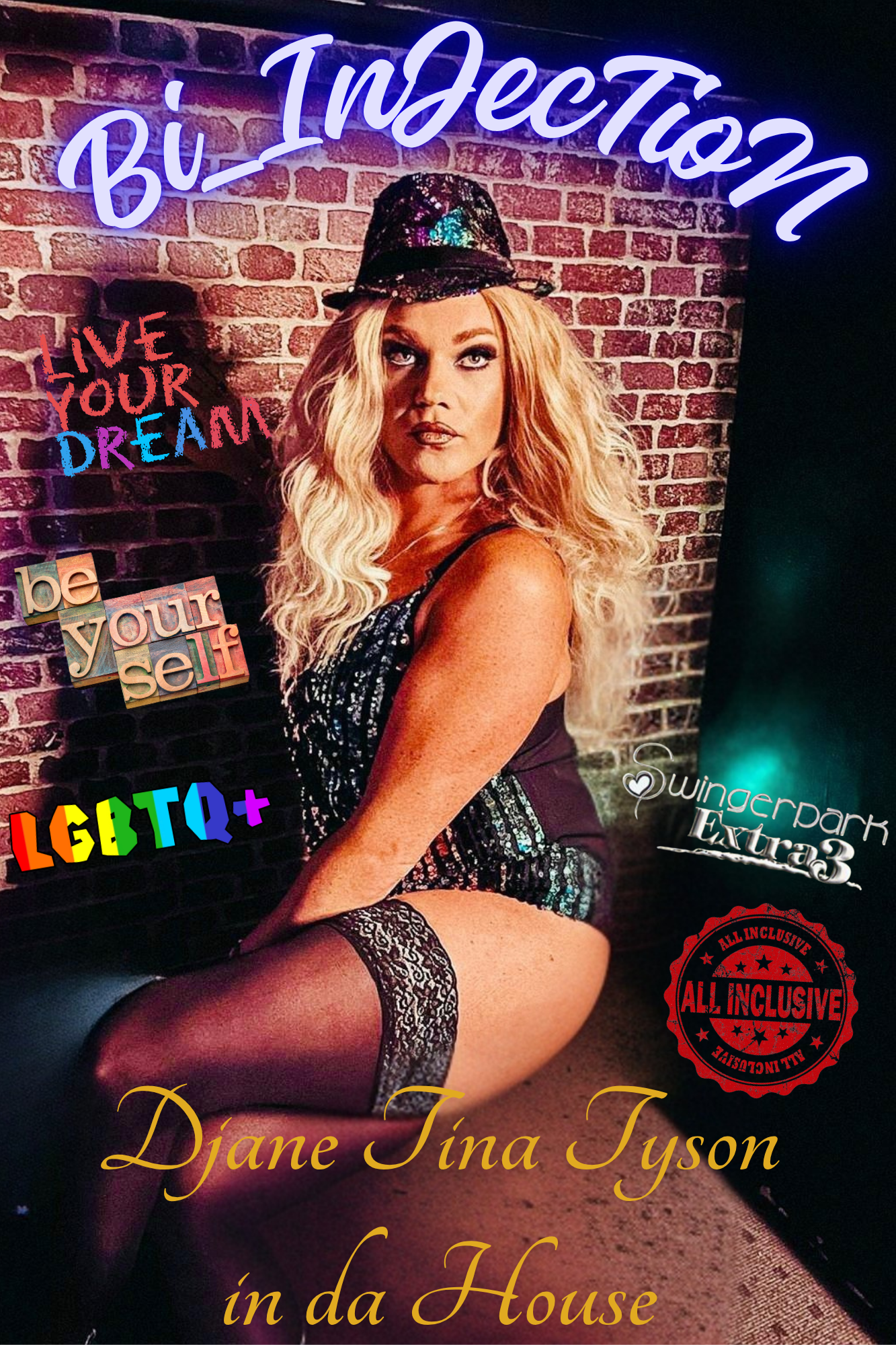 Frau in glamourösem Outfit bei Swingerpark Extra3 Event, LGBTQ+ freundlich, Motto: Live your dream, be yourself, all inclusive
