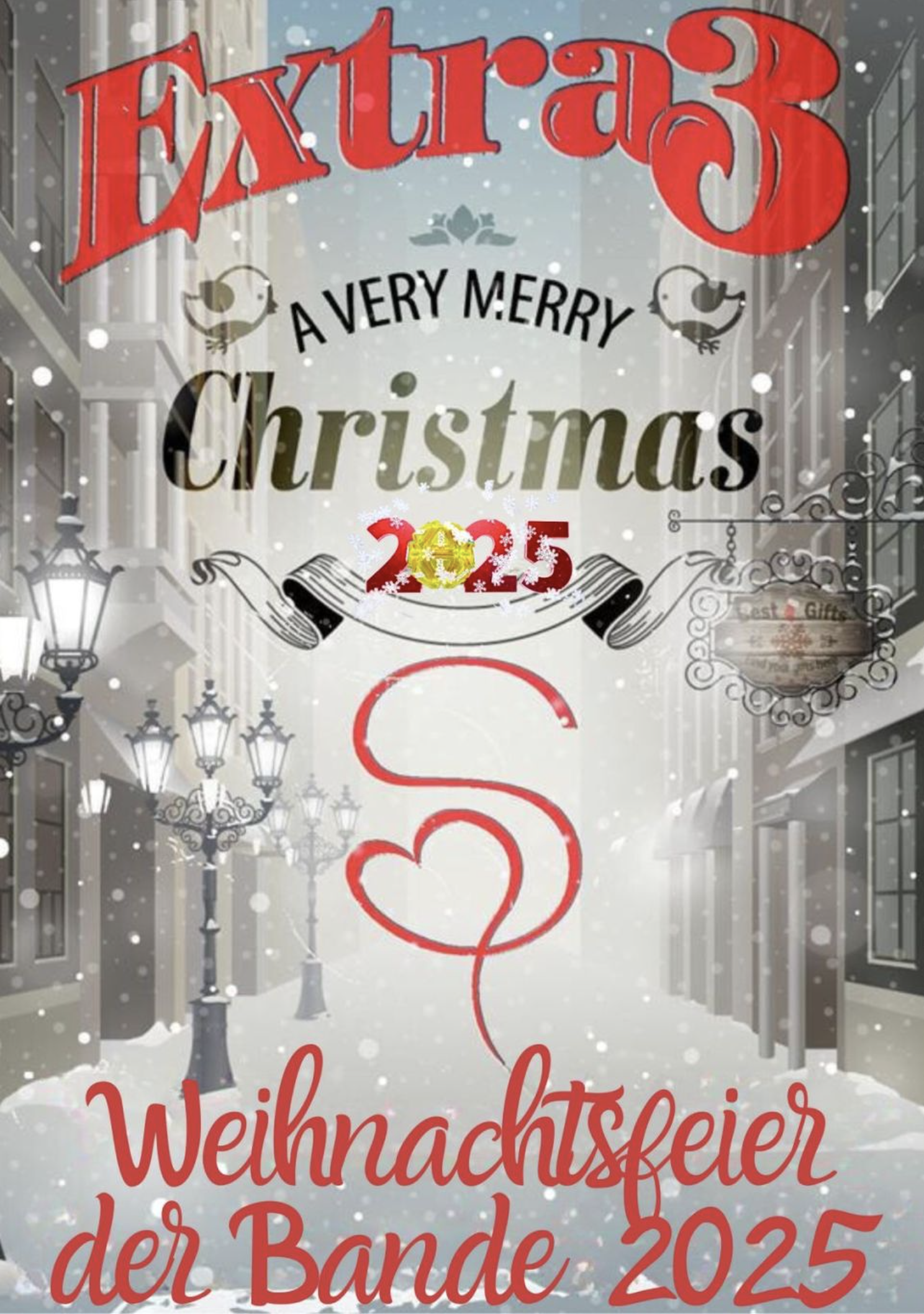 Weihnachtliche Straßenszene mit Laternen und Schriftzug 'A Very Merry Christmas 2025' im Schnee