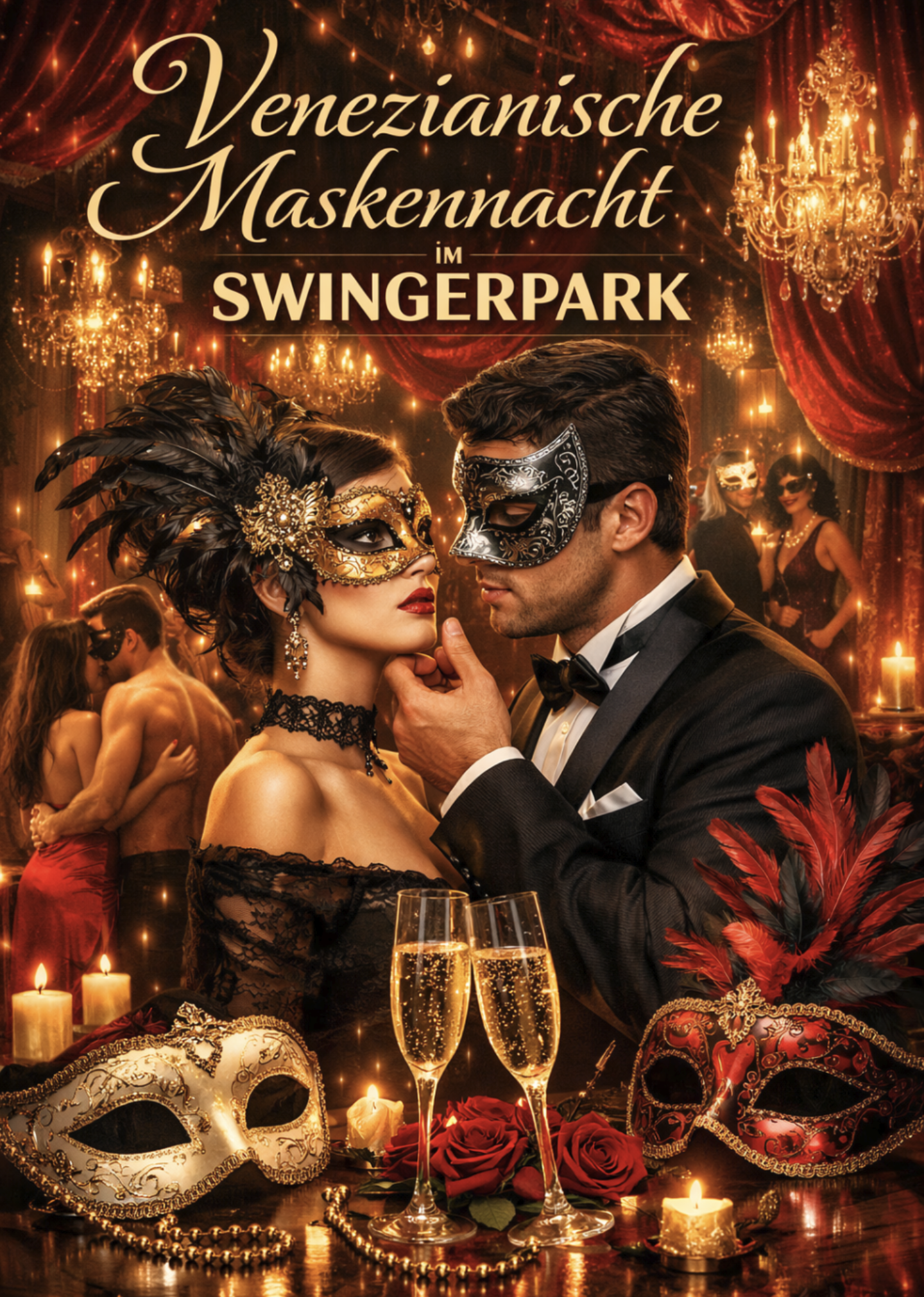 Maskennacht im Swingerpark mit elegant gekleideten Paaren, Maskenball-Atmosphäre und Champagnergläsern