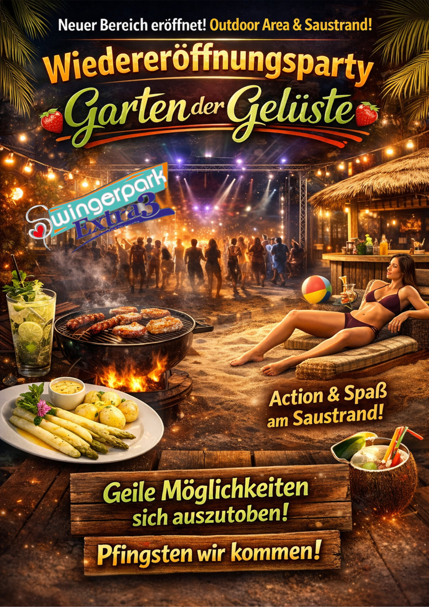 Wiedereröffnung Garten der Gelüste mit Outdoor Sex Area, Saustrand, DJ Saschinski, Spargel-Menü, BBQ und Partyatmosphäre im Swingerpark Extra3