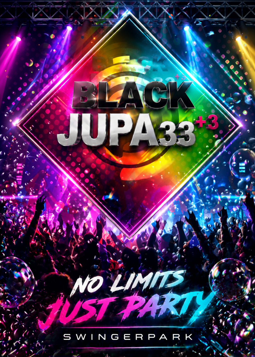 Black JUPA33+3 Party Event mit tanzender Menschenmenge und bunten Lichtern