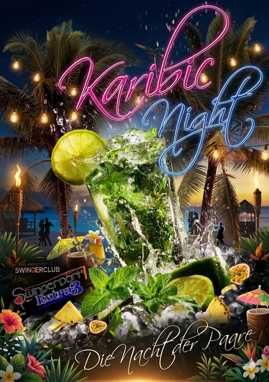 Karibic Night Event mit Cocktail, Palmen und tropischer Strandkulisse im Swingerclub Extra3