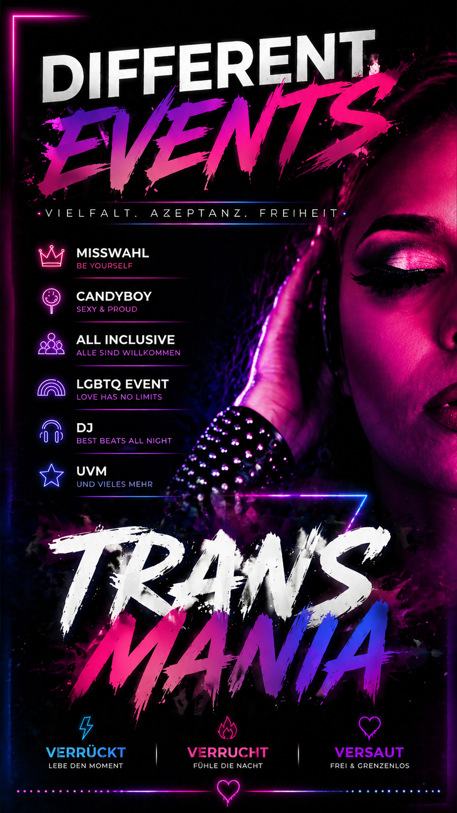 Transmania Event-Plakat mit LGBTQ-Party, Misswahl, Candyboy, DJ und All-Inclusive-Feier