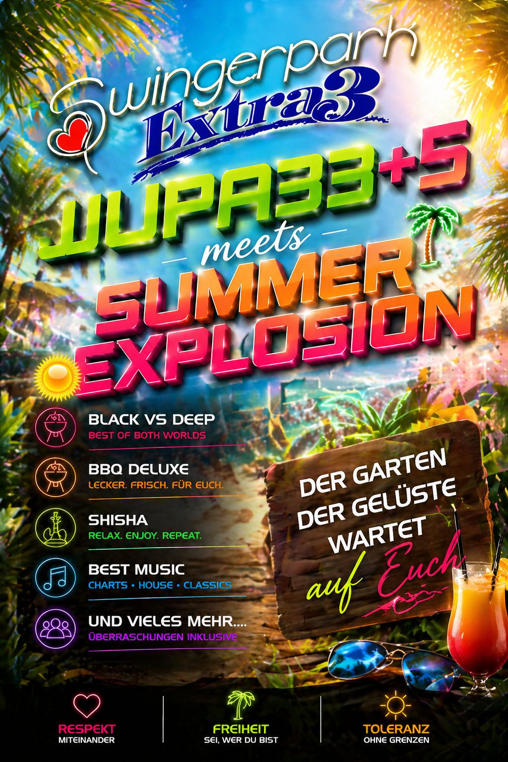 JUPA33+5 meets Summer Explosion Event-Flyer mit BBQ, Shisha, Musik und Gartenparty am 26.04.2026