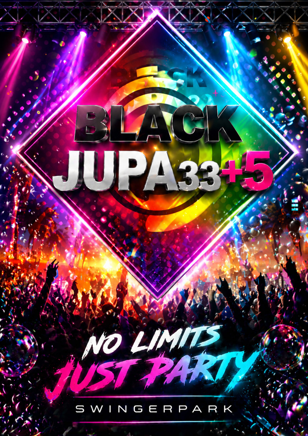 Buntes Party-Event Black JUPA 33+5 mit tanzender Menschenmenge und Lichteffekten