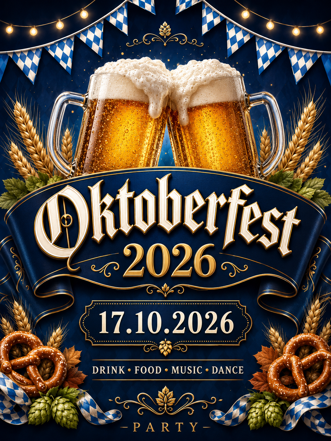 Oktoberfest 2026 Plakat mit Bier, Brezeln und Datum 17.10.2026