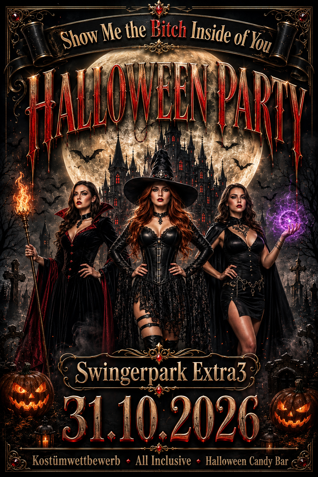 Halloween Party Plakat mit drei Frauen in Hexenkostümen vor gruseligem Schloss und Vollmond, Schriftzug 'Swingerpark Extra3'