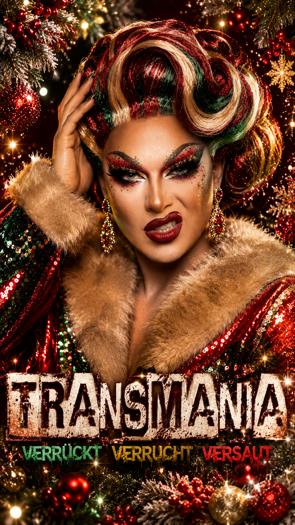 Drag Queen mit auffälligem Make-up und buntem Kostüm bei Transmania Event