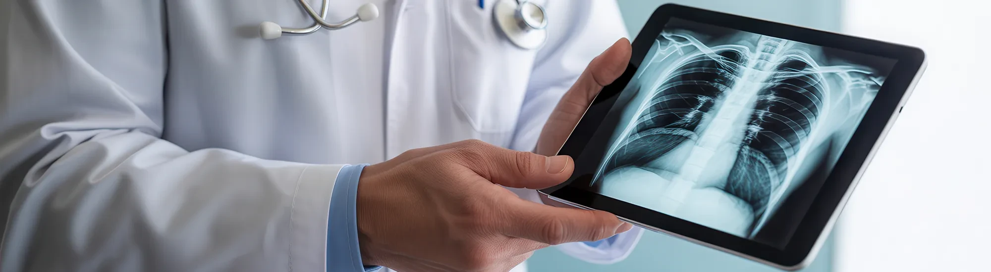 Arzt betrachtet Röntgenbild einer Lunge auf Tablet