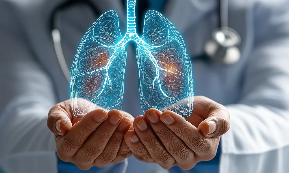 Arzt hält holografische Darstellung von Lungen in den Händen