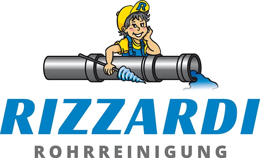 Rizzardi Logo – professionelle Rohrreinigung und Abflussservice Rizzardi Logo mit Cartoon-Figur und Rohrreinigung
