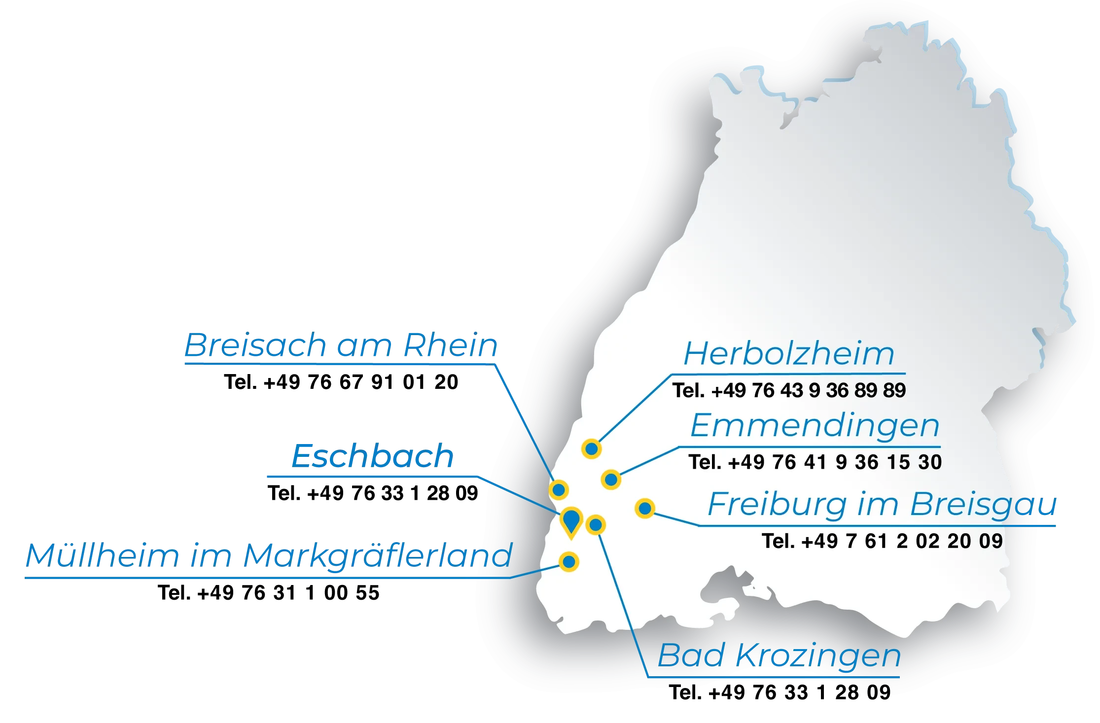 Karte des Tätigkeitsgebiets mit Standorten in Breisach am Rhein, Eschbach, Markgräflerland, Herbolzheim, Emmendingen, Freiburg im Breisgau und Bad Krozingen