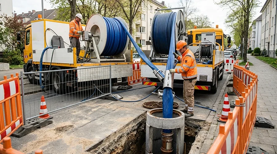 Arbeiter bei der Rohrsanierung mit moderner Technik auf einer Baustelle – firefly Rohrsanierung