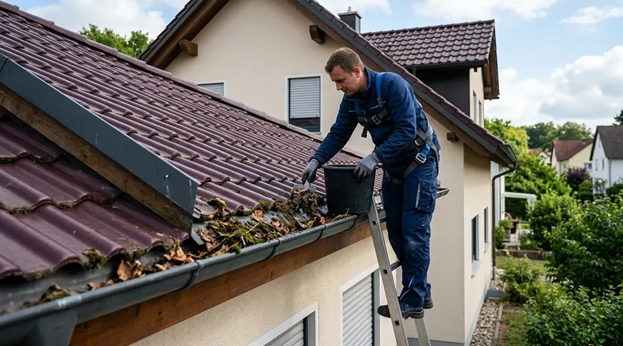 Fachmann bei der firefly Dachrinnenreinigung entfernt Laub und Schmutz von einem Hausdach