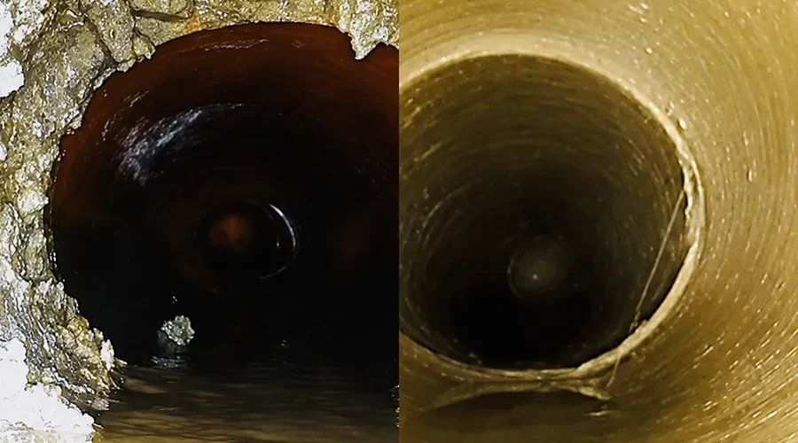 Rohrsanierung Teaser – Vorher-Nachher Vergleich eines sanierten Rohrs Vorher-Nachher Vergleich einer Rohrsanierung: verschmutztes und saniertes Rohr im Detail