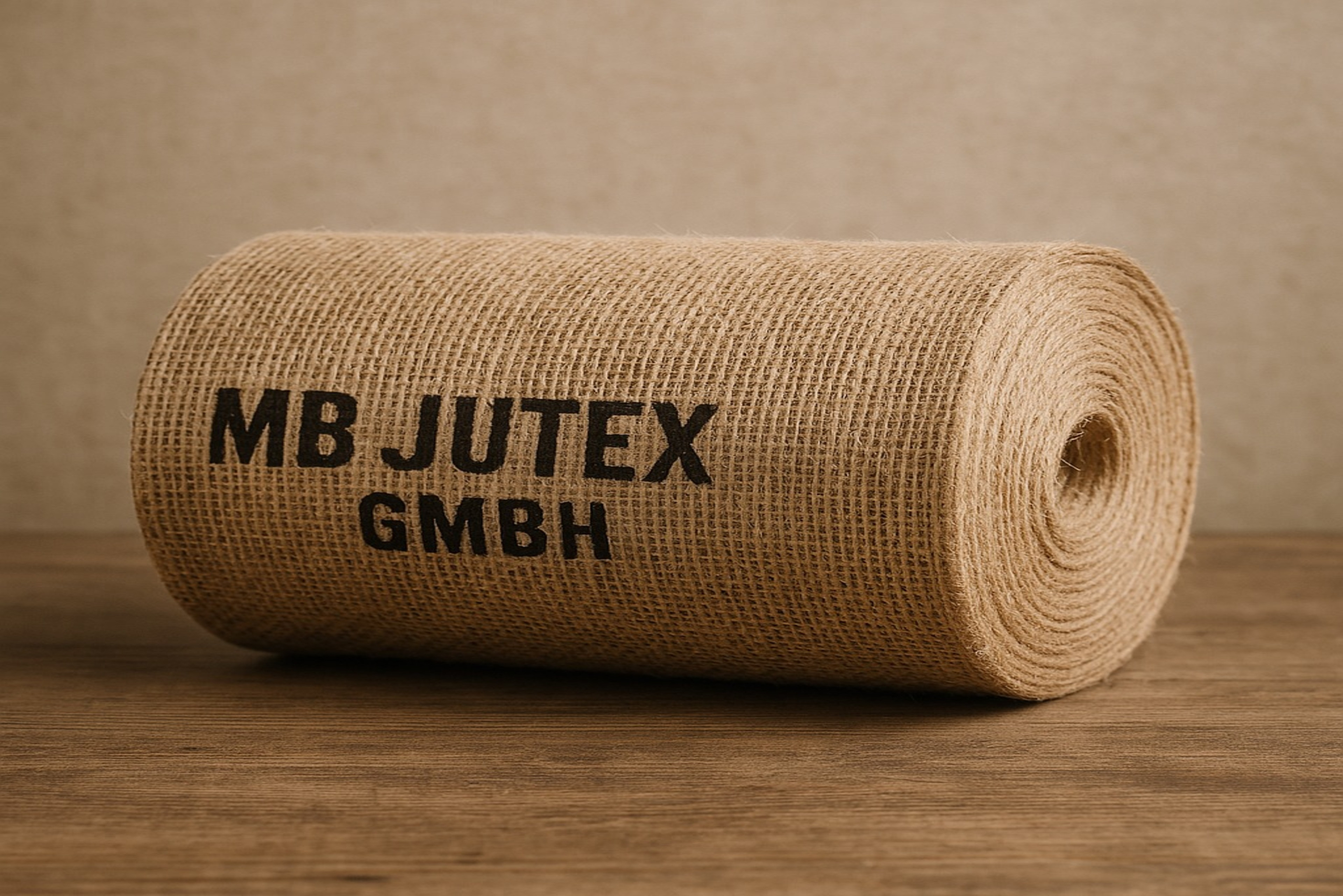 Rolle aus Jutegewebe mit Aufschrift JUTEX GMBH auf Holzuntergrund