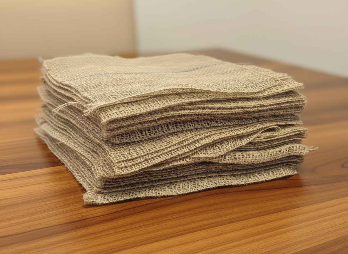 Stapel aus grobmaschigem Gewebe, vermutlich Jute oder Leinen, auf einem Holztisch – gewebe sai
