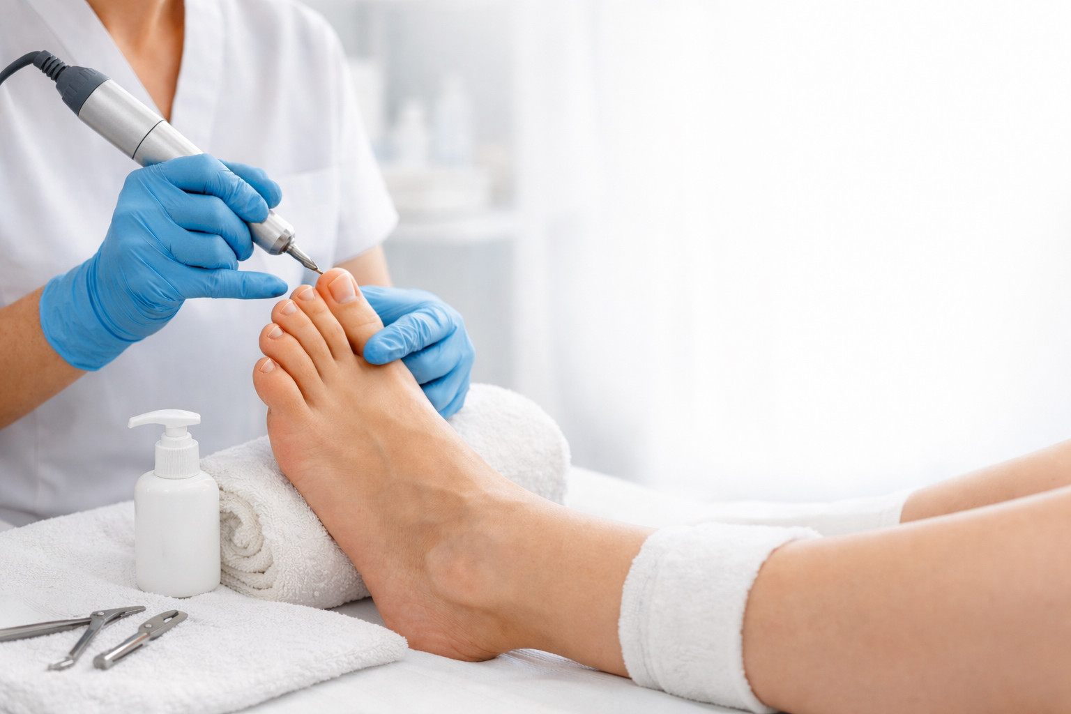 Professionelle Fußpflege bei einer Kosmetikerin mit Handschuhen