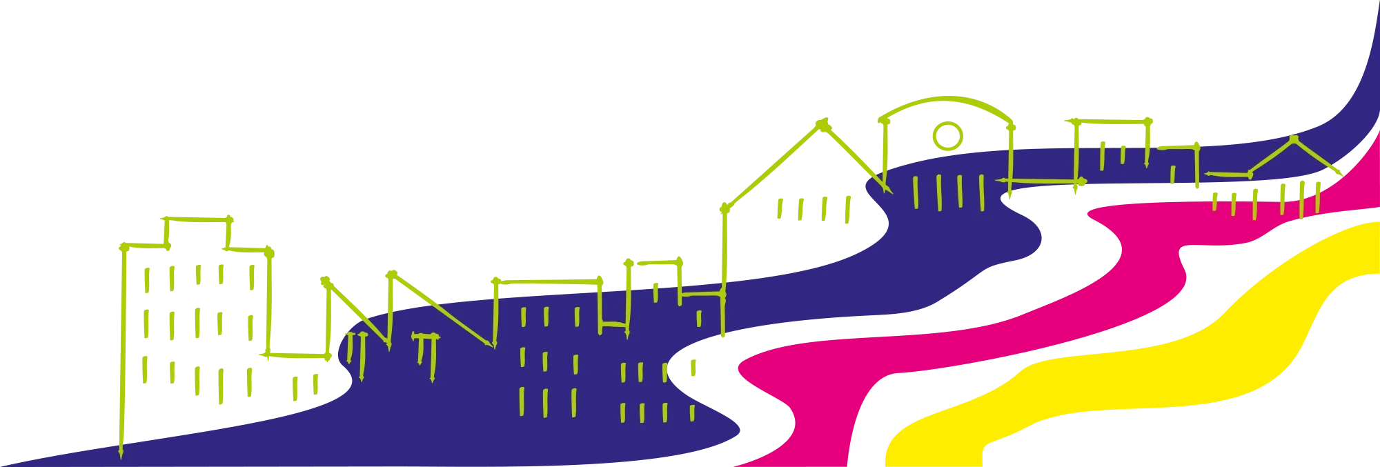Stadt Grafik – bunte Illustration einer Stadt mit Gebäuden und Fluss