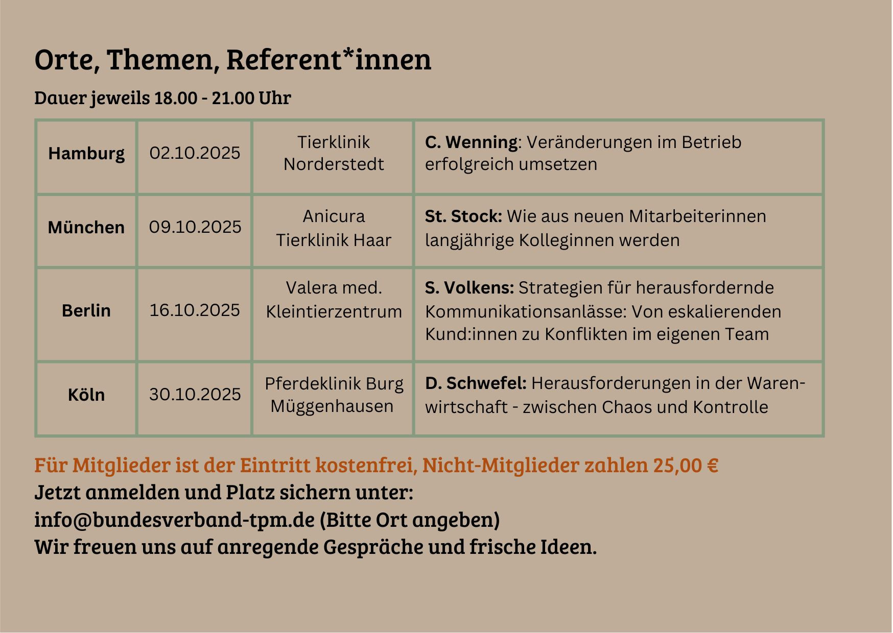 Übersicht der Veranstaltungen 2025 mit Themen, Referent*innen und Orten wie Tierklinik Norderstedt, Anicura Tierklinik Haar, Valera med. Kleintierzentrum und Pferdeklinik Burg Müggenhausen sowie Referenten C. Wenning, St. Stock, S. Volkens und D. Schwefel
