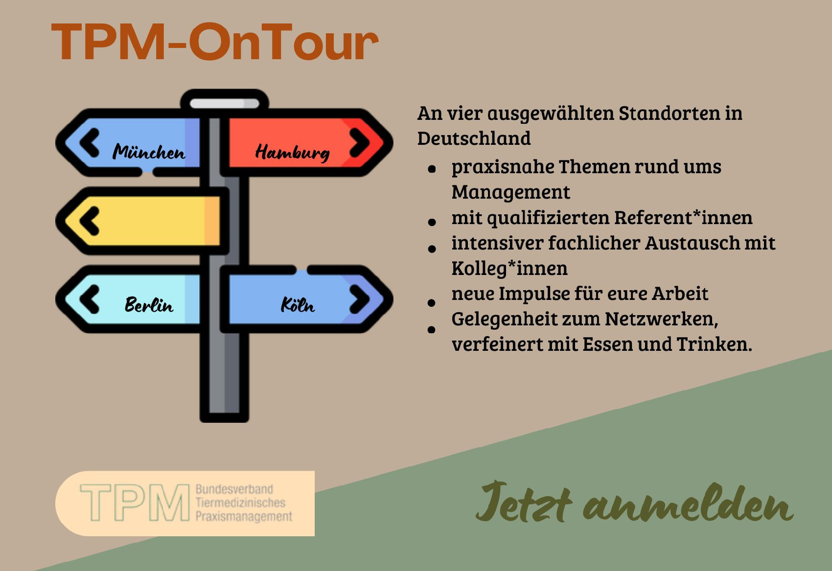 BVM-OnTour Veranstaltung des Bundesverbandes Tiermedizinisches Praxismanagement mit Stationen in München, Hamburg, Berlin und Köln, Informationen zu praxisnahen Themen und Networking.