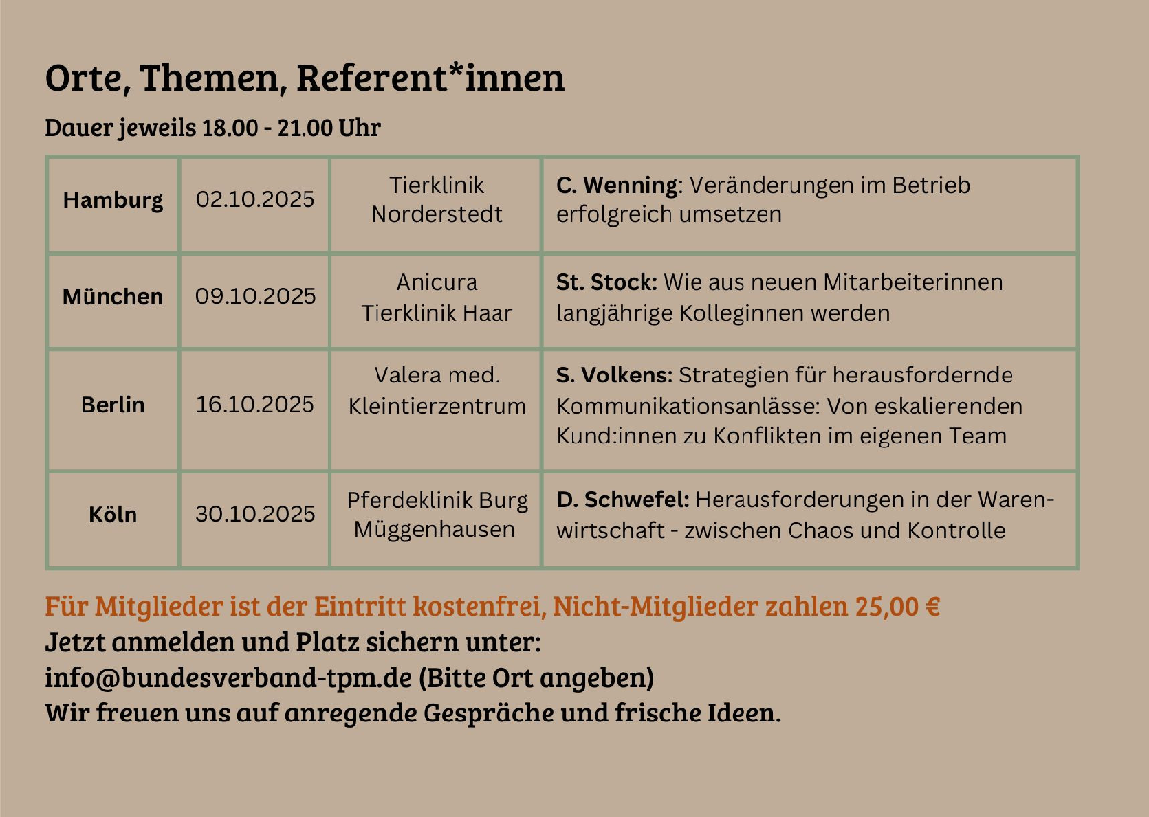 Veranstaltungstermine und Referenten 2025: Tierklinik Norderstedt, Anicura Tierklinik Haar, Valera med. Kleintierzentrum, Pferdeklinik Burg Müggenhausen mit C. Wenning, St. Stock, S. Volkens und D. Schwefel