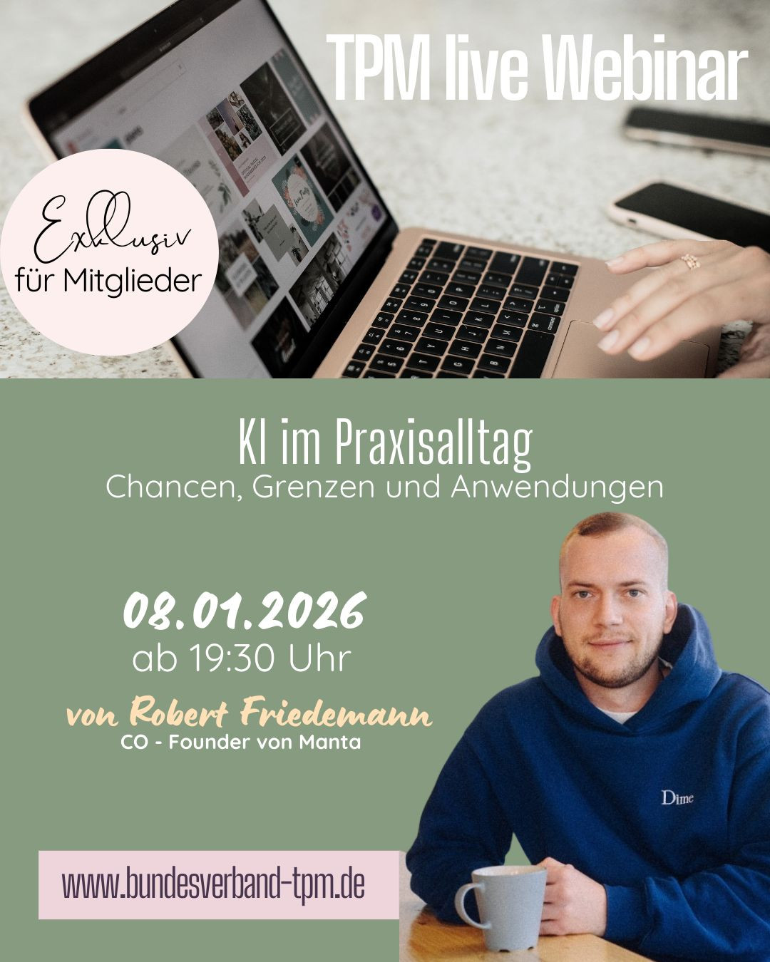 Ankündigung Webinar KI im Praxisalltag mit Robert Friedemann am 08.01.2026, exklusiv für Mitglieder