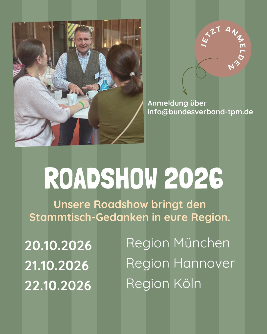 Roadshow 2026 des Bundesverbands TPM mit Terminen in München, Hannover und Köln, Einladung zur Anmeldung per E-Mail