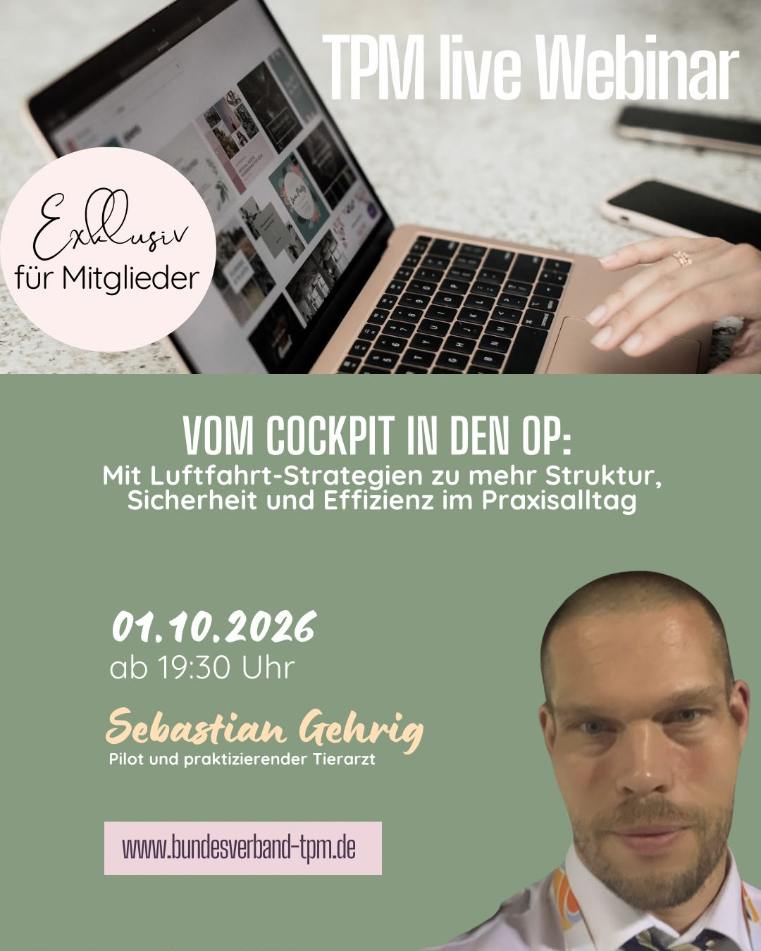 Webinar-Ankündigung 'Vom Cockpit in den OP' mit Sebastian Gehrig am 01.10.2026, Luftfahrt-Strategien für mehr Effizienz im Praxisalltag, exklusiv für Mitglieder