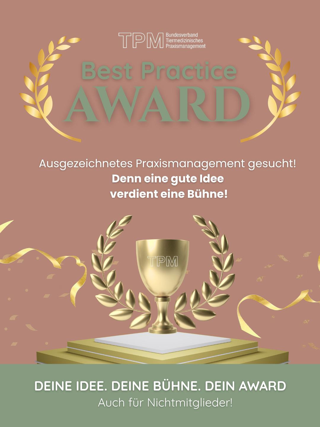 Best Practice Award 2026 fr ausgezeichnetes Praxismanagement mit goldener Trophe und Lorbeerkranz