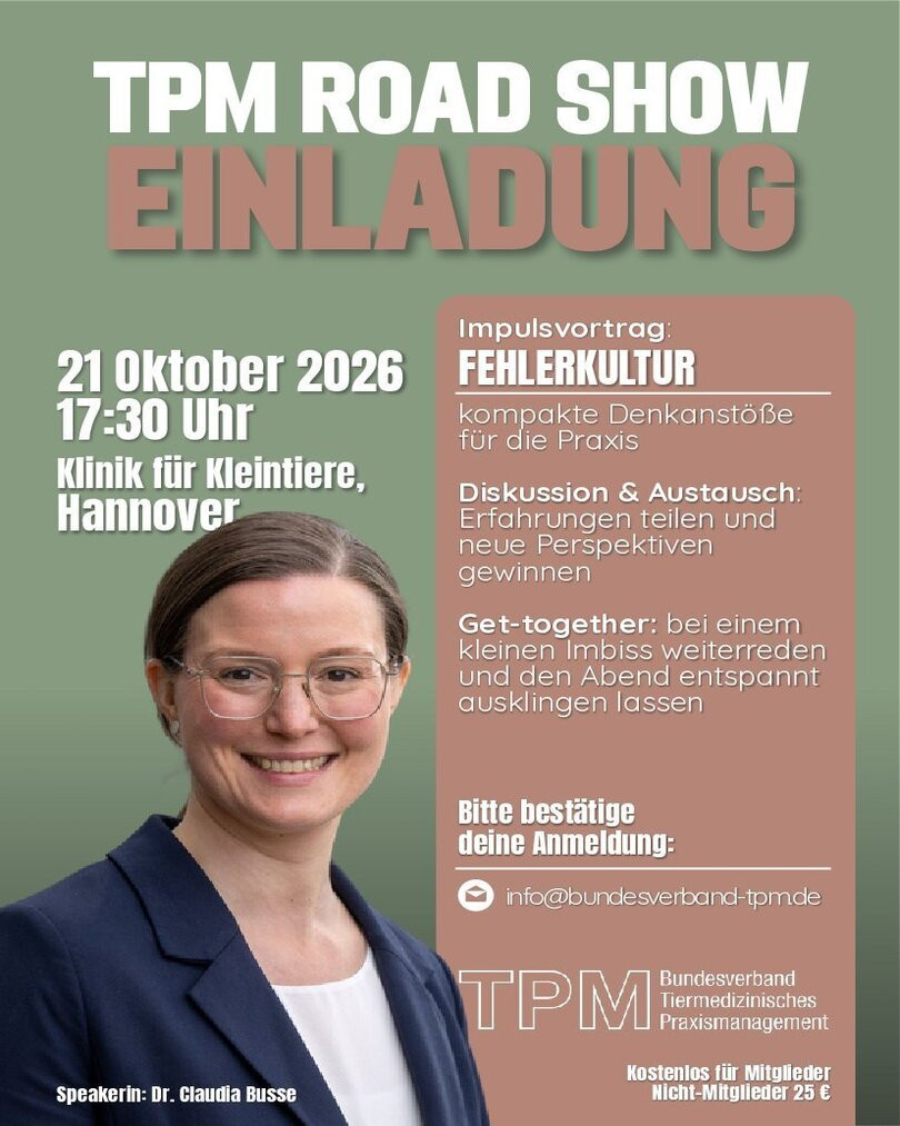 Persönliche Einladung zur TPM Road Show am 21. Oktober 2026 in der Klinik für Kleintiere Hannover, mit Vortrag zur Fehlerkultur und Get-together.