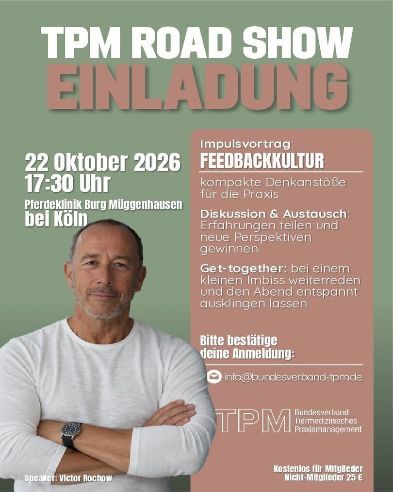 Persönliche Einladung zur TPM Road Show am 22. Oktober 2026 in der Pferdeklinik Burg Müggenhausen bei Köln, Veranstaltung mit Impulsvortrag und Get-together.