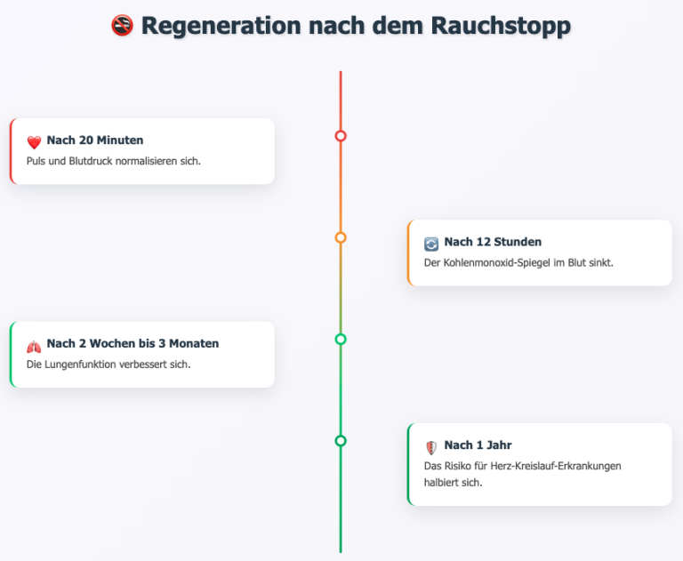 Infografik zur Regeneration nach dem Rauchstopp mit Zeitangaben zu gesundheitlichen Verbesserungen nach dem Aufhören mit dem Rauchen