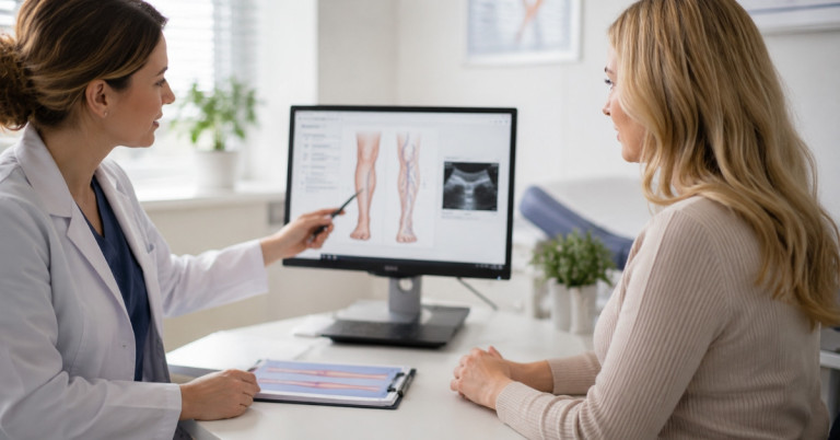 Arztgespräch zur Venenuntersuchung – Beratung und Diagnose der Beinvenen beim Facharzt Arztgespräch zur Venenuntersuchung mit Patientin und medizinischer Darstellung der Beinvenen am Monitor