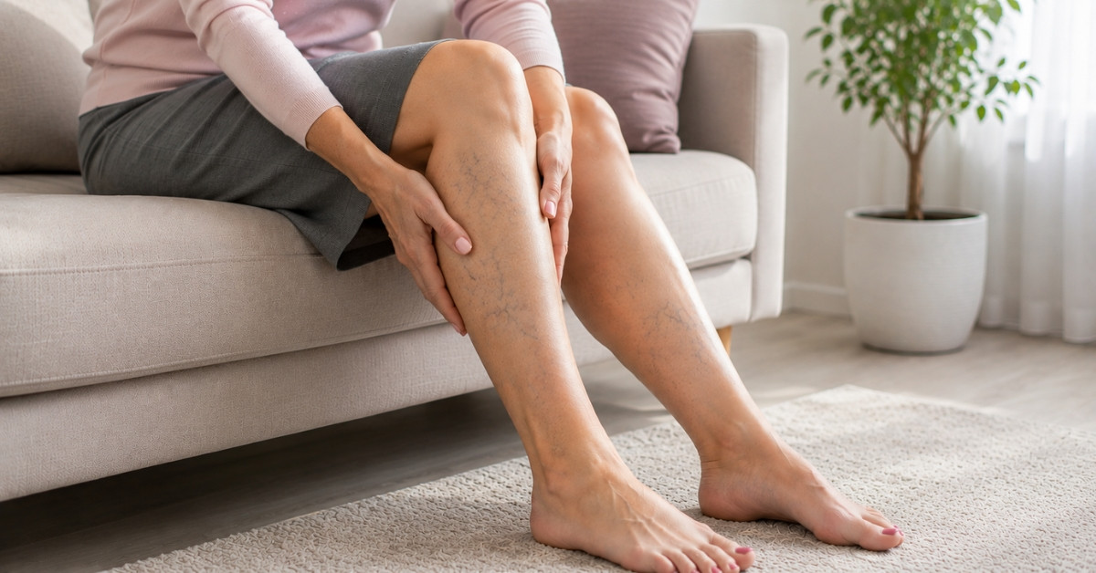 Krampfadern und sichtbare Venen am Bein einer Frau auf dem Sofa