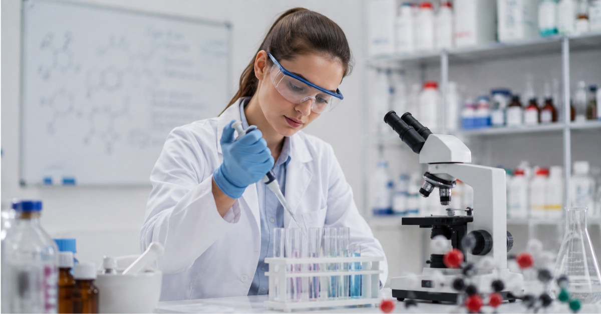 Studentin im Pharmazie-Studium arbeitet im Labor mit Mikroskop und Reagenzgläsern