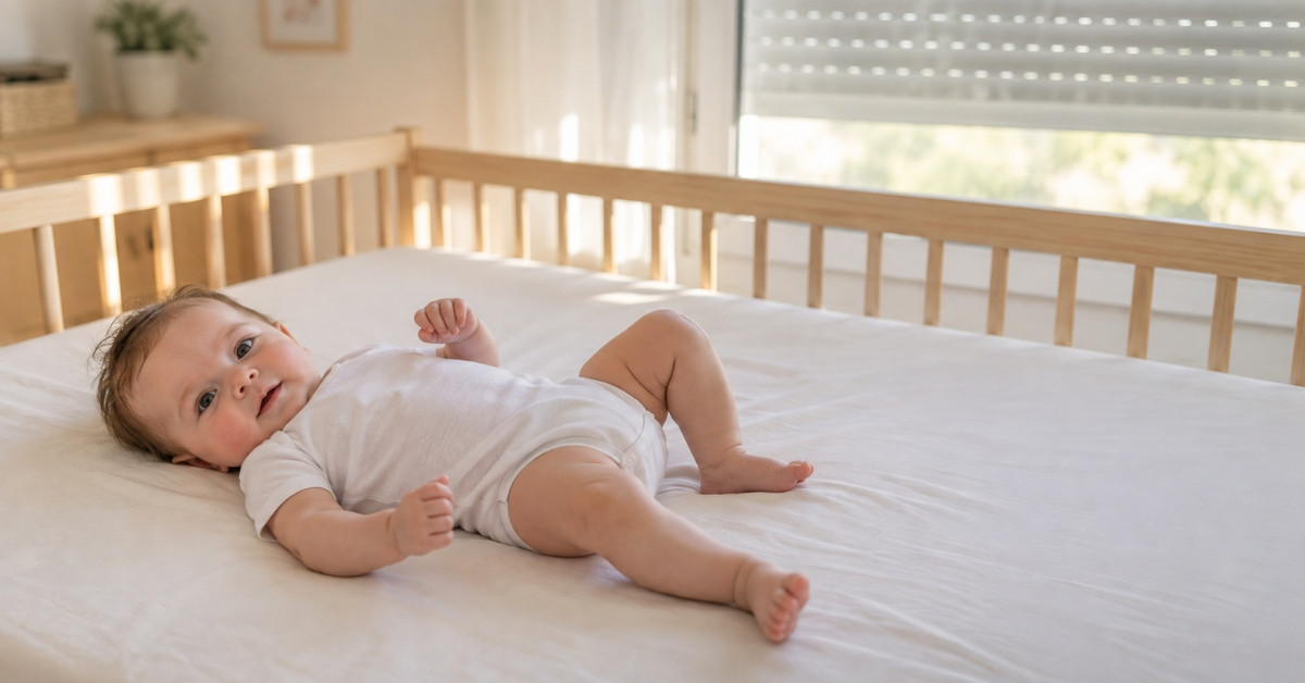 Baby in Rückenlage mit Body im Kinderzimmer auf dem Bett