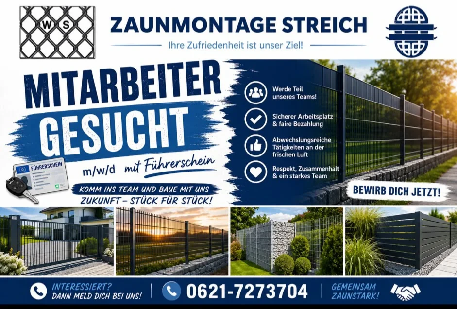 Stellenanzeige von Zaunmontage Streich: Mitarbeiter gesucht m/w/d mit Führerschein, sichere Arbeitsplätze, abwechslungsreiche Tätigkeiten im Zaunbau