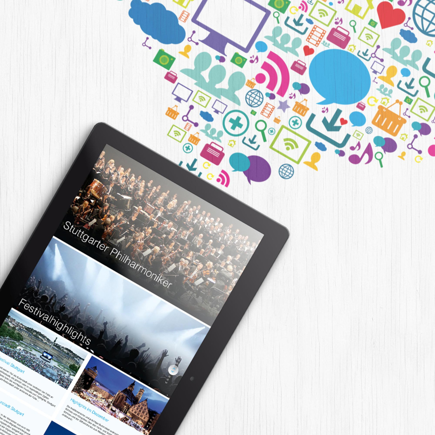 Tablet mit Stuttgarter Philharmoniker und Festivalhighlights auf dem Bildschirm