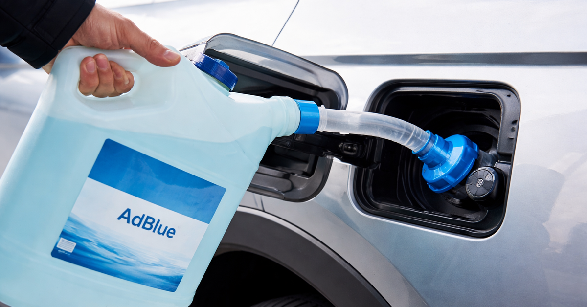 AdBlue nachfüllen an einem Fahrzeug – Hand hält Kanister und füllt AdBlue in den Tank eines Autos